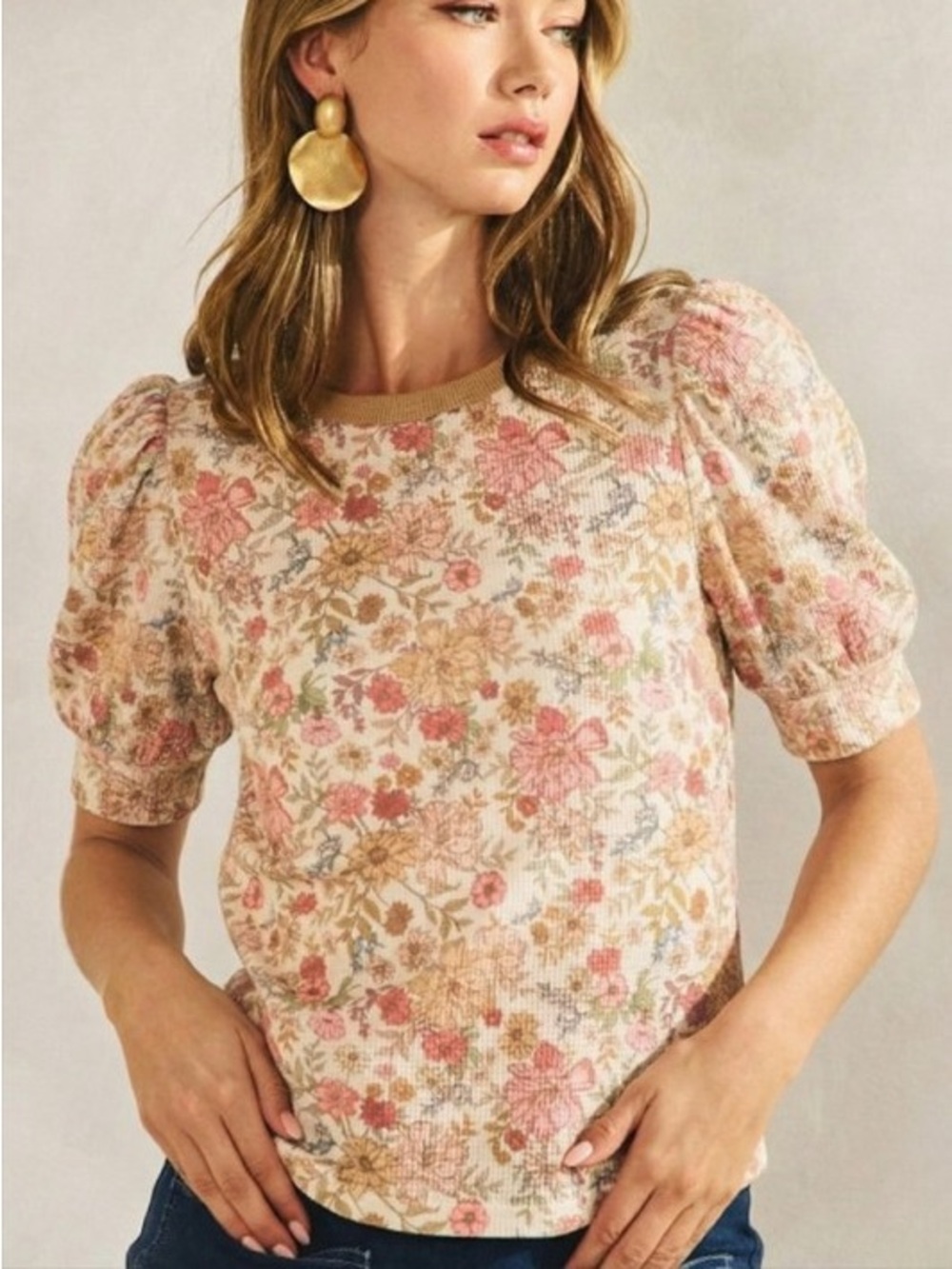Multicolor beige floral puff sleeve waffle embroidered stitch tunic top shirt
